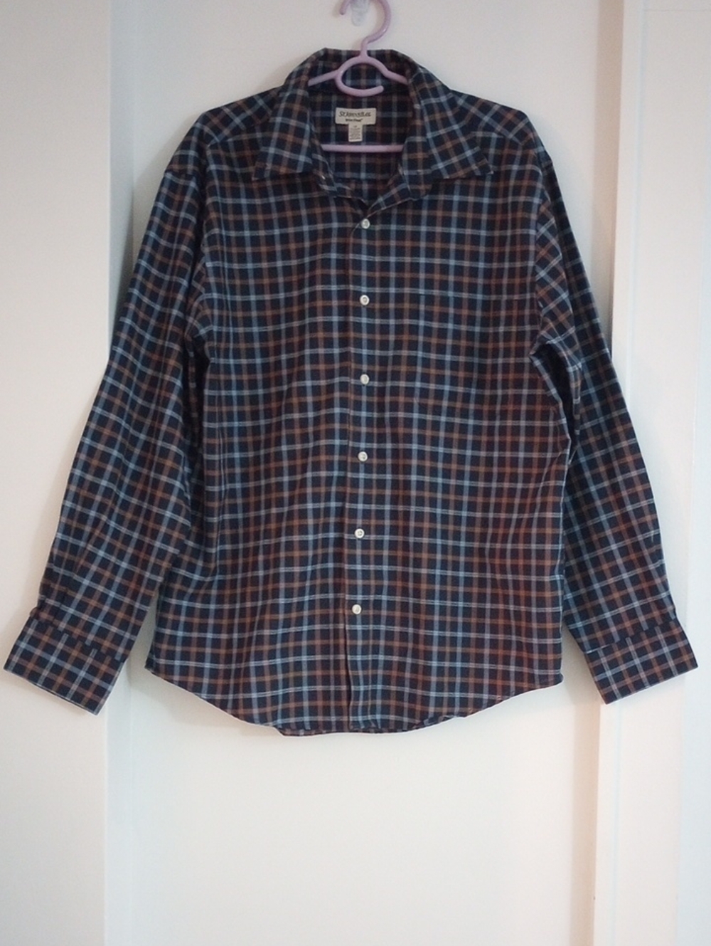 St. John's Bay Men's Blue Orange Plaid Button-Down Long Sleeve Shirt Size Large